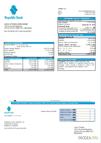 Relevé hypothécaire de la Barbados Republic Bank scr